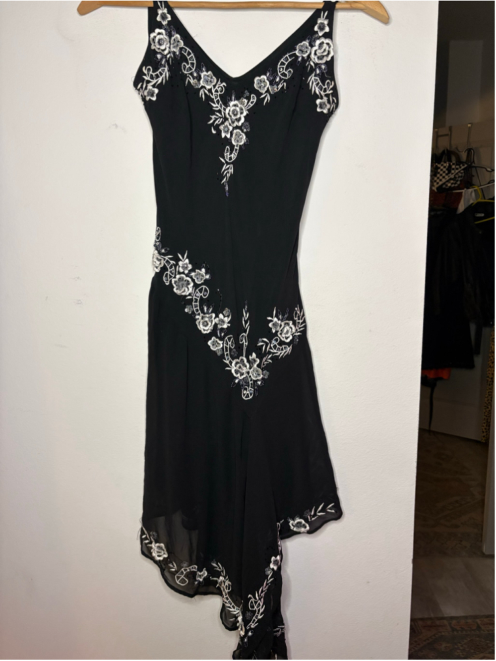 Vintage R&M Richards 8P Black Beaded Floral Fairycore Handkerchief Dress